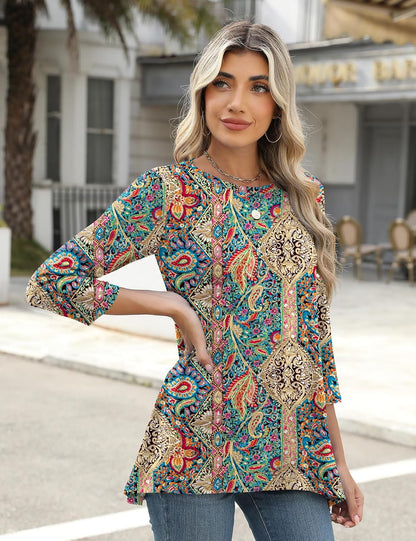 Lomon 3/4 Sleeve Tunic Tops for Women Loose Fit Dressy Casual Blouse Flowy Shirts to Wear with Leggings S-3XL
