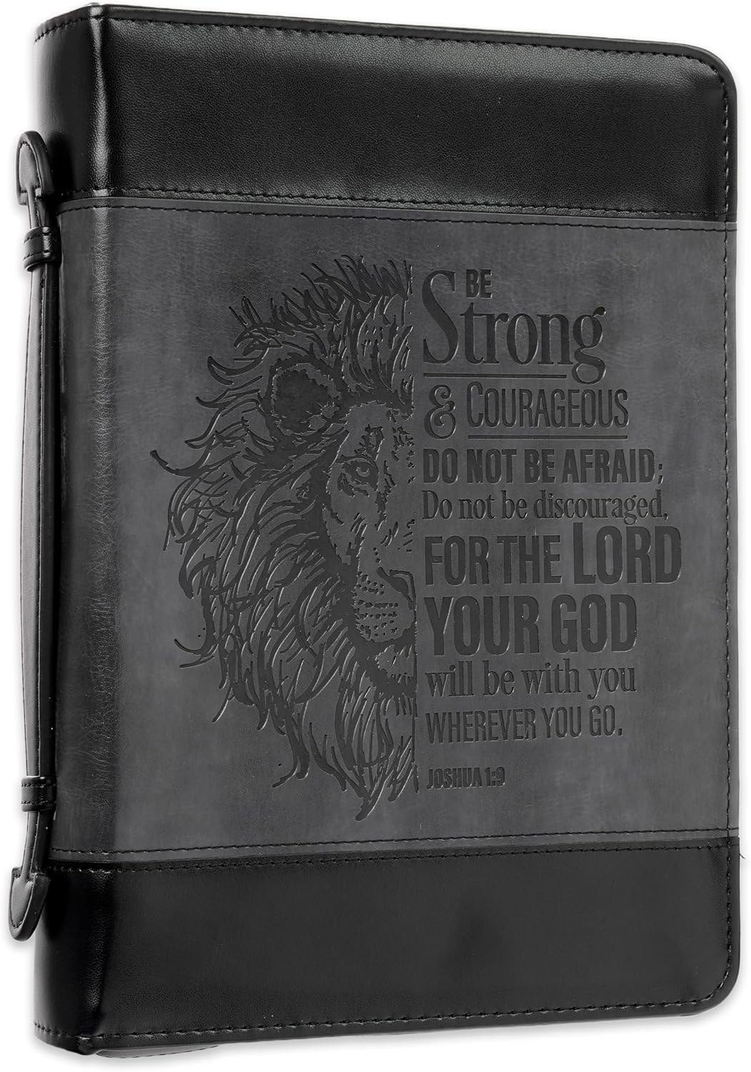 Christian Art Gifts Classic Faux Leather Bible Cover for Men and Women: Be Strong and Courageous - Joshua 1:9 Inspirational Bible Verse with Lion, Gray and Black, Large