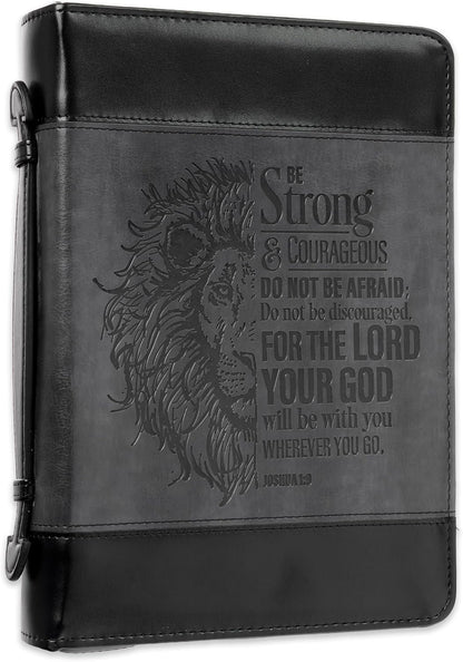 Christian Art Gifts Classic Faux Leather Bible Cover for Men and Women: Be Strong and Courageous - Joshua 1:9 Inspirational Bible Verse with Lion, Gray and Black, Large
