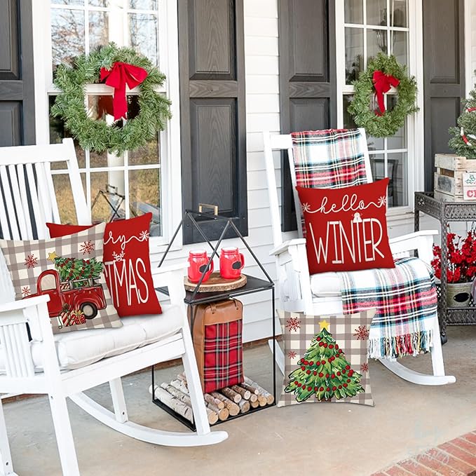 Dixutzi Christmas Pillow Covers 18x18 Set of 4, Red Tree Truck Snowflake Merry Christmas Hello Winter Holiday Farmhouse Xmas Decorative Throw Pillows Cushion Case for Sofa Couch Home Decor