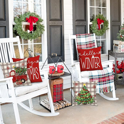 Dixutzi Christmas Pillow Covers 18x18 Set of 4, Red Tree Truck Snowflake Merry Christmas Hello Winter Holiday Farmhouse Xmas Decorative Throw Pillows Cushion Case for Sofa Couch Home Decor