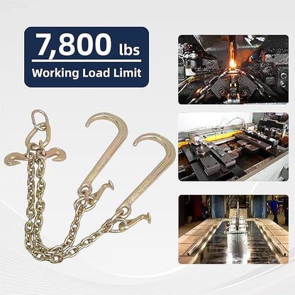 38" x 2' G70 Tow Chain V- Bridle with 15" Long Shank J Hooks and Grab Hooks, Flatbed Truck Trailer Safety Tow Chain, 7,800 lbs Safe Working Load