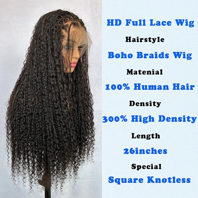 Braided Wig Human Hair Full Lace Boho Box Braids Wig Knotless 300Density Pre Plucked With Curly Ends Goddess Glueless Transparen Lace Wigs For Women Natural Color 12 Inch