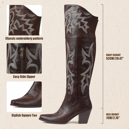 Eteridrey Over The Knee Boots for Women Cowboy Boots Pointed Toe Chunky Cowgirl Boot Classic Embroidered Western Boot