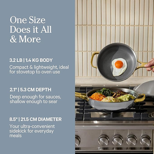Our Place Titanium Always Pan Pro - 10.6 (2.8 Qt) No-Coating Nonstick Technology  Tri-Ply Titanium  Stainless Steel  Safe for Oven, Induction  Cooktops up to 750F  Beechwood Spatula  Gold