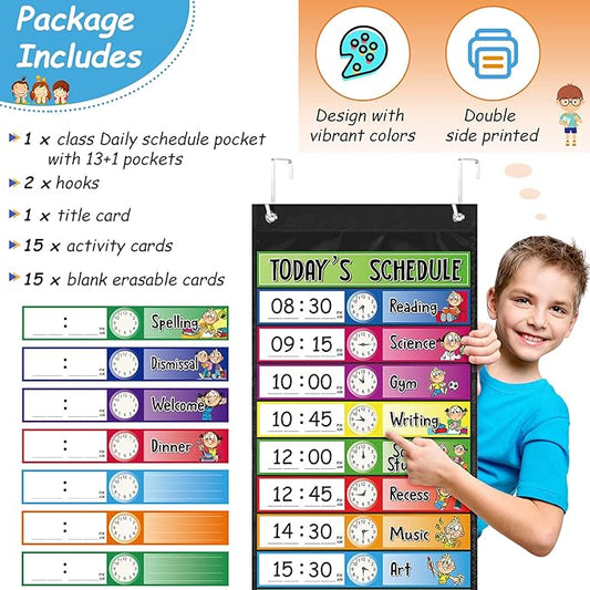Chinco Daily Schedule Pocket Chart School Class Schedule Kit 13+1 Pocket Chart, 2 Hook, Title Card, 30 Double-Sided Blank Erasable Card for Classroom School or Home(Black)
