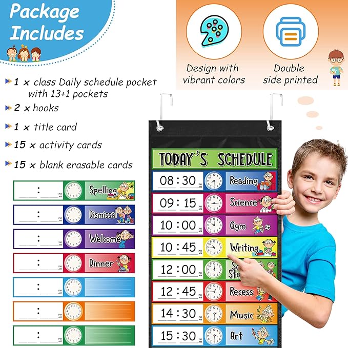 Chinco Daily Schedule Pocket Chart School Class Schedule Kit 13+1 Pocket Chart, 2 Hook, Title Card, 30 Double-Sided Blank Erasable Card for Classroom School or Home(Blue)