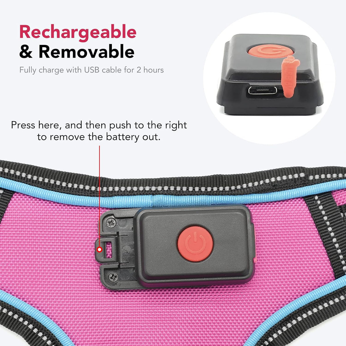 Safety LED Dog Harness - Light Up Dog Vest, No-Pull Dog Harness - Rechargeable Glowing Pet Harness for Night Walking & Camping (Purple+pink Light, Small)