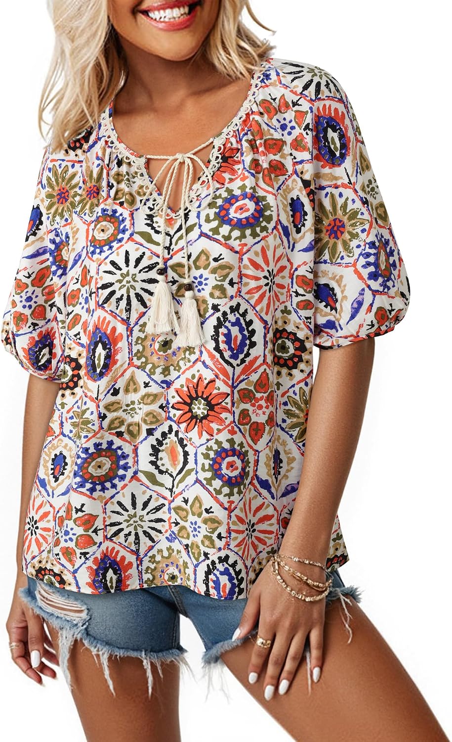 Vivilli Womens Summer Boho Tops Casual V Neck Short Sleeve Blouses Floral Print Shirt Tie Front Flowy Vacation Clothes .