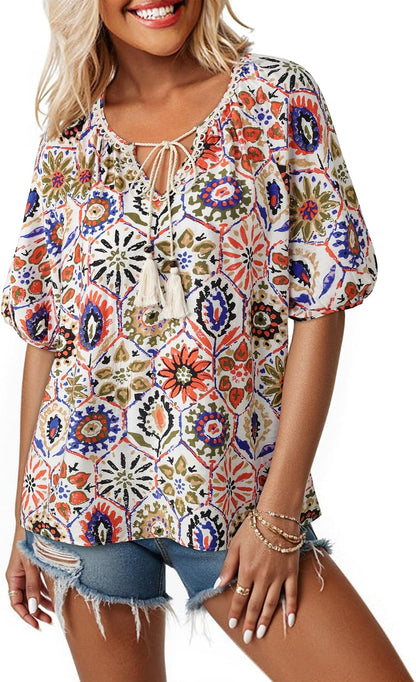 Vivilli Womens Summer Boho Tops Casual V Neck Short Sleeve Blouses Floral Print Shirt Tie Front Flowy Vacation Clothes .