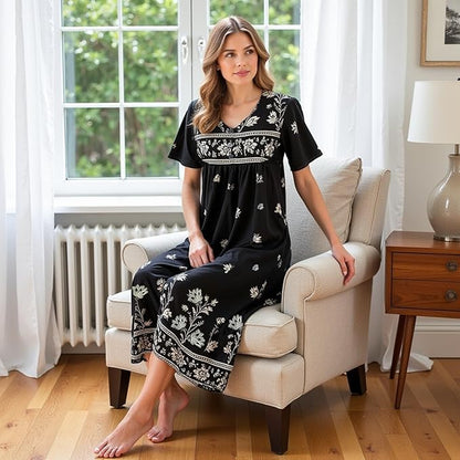 Loungees Short Sleeve Black Monotone Lounger House Dress Caftan - 3 Button Bib Yoke and Pockets