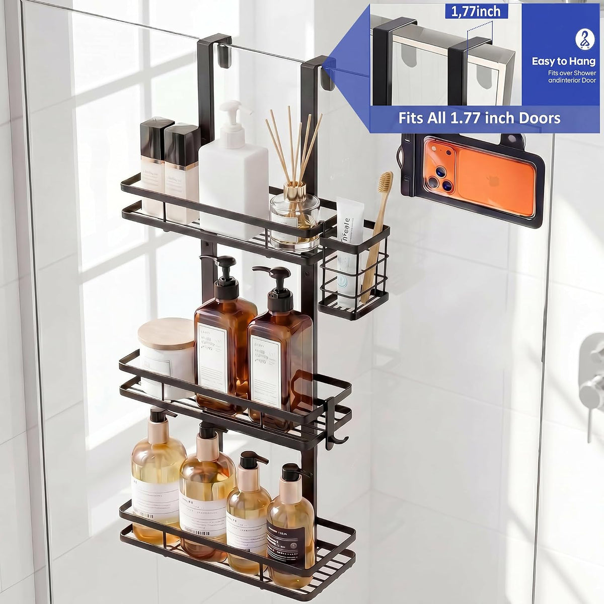 Over the Door Shower Caddy Hanging, Rustproof Shower Shelves with Waterproof Phone Pouch, 3-Tier Adjustable Bathroom Organizers and Storage, No Drilling Shower Shelf, Black Shampoo Soap Holder