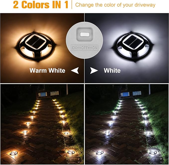 VOLISUN Solar Driveway Lights Dock Marine Lights 12 Pack,2 Colors in 1,Outdoor LED Deck Lights,Solar Powered Waterproof Warning Step Lights for Driveway Sidewalk Pathway (White/Warm White)