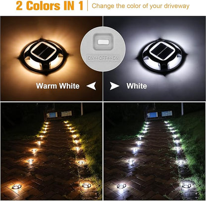 VOLISUN Solar Driveway Lights Dock Marine Lights 12 Pack,2 Colors in 1,Outdoor LED Deck Lights,Solar Powered Waterproof Warning Step Lights for Driveway Sidewalk Pathway (White/Warm White)