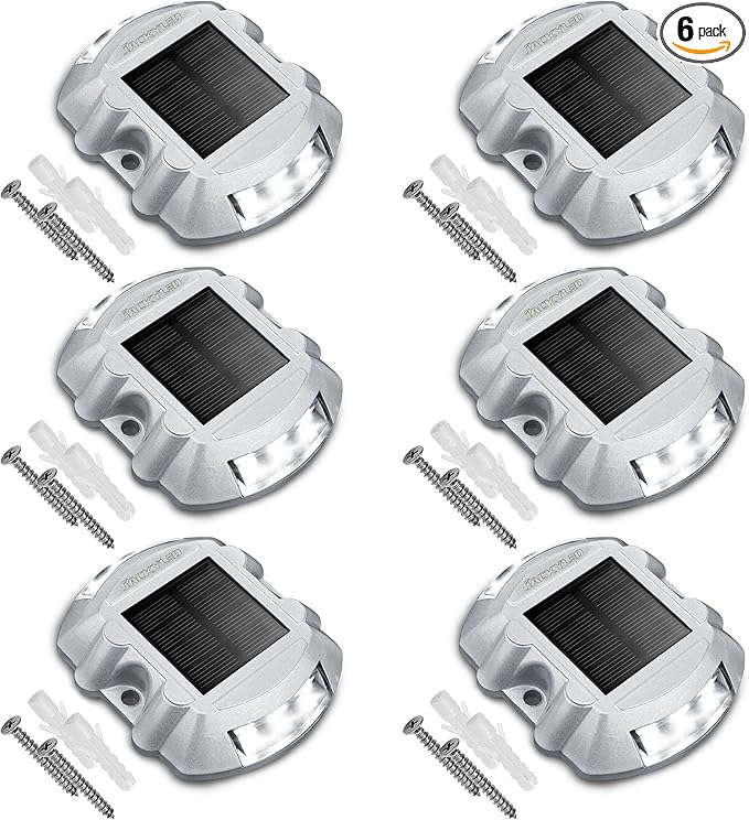 JACKYLED Upgraded Solar Driveway Marker Lights with Switch 6-Pack Solar Powered Dock Lights Outdoor Waterproof LED Deck Lighting Warning Road Studs for Boat Dock Pathway Runway, Bright White