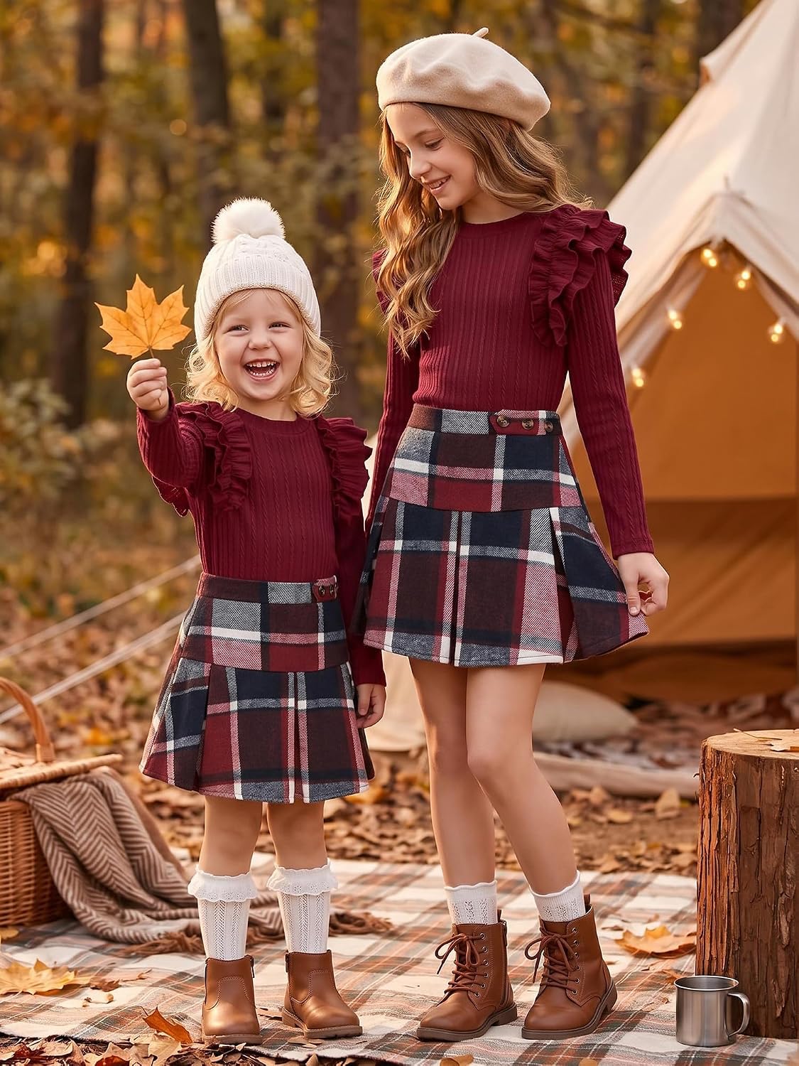 AMAWMW Girls Outfit Skirt Set Ribbed Knit Ruffle Sleeve Top Plaid Pleated Skirt Set Fall Winter Clothes