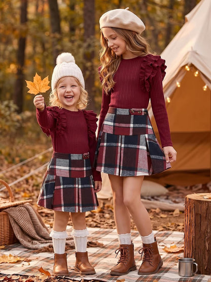 AMAWMW Girls Outfit Skirt Set Ribbed Knit Ruffle Sleeve Top Plaid Pleated Skirt Set Fall Winter Clothes