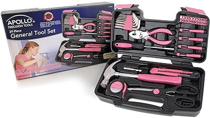 Apollo Tools Original 39 Piece General Household Tool Set in Toolbox Storage Case with Essential Hand Tools for Everyday Home Repairs, DIY and Crafts - Pink Ribbon - Pink - DT9706P