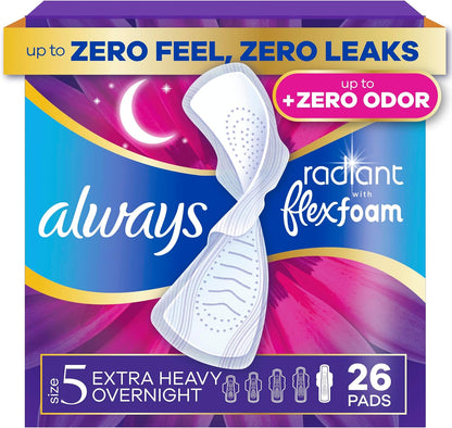 Always Radiant Feminine Pads for Women, Flexfoam Pads with Wings, Size 5, Extra Heavy Overnight Absorbency, Lightly Scented, 26 Count