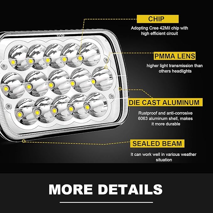7x6 INCH 45W Sealed Beam Rectangular LED Headlights 5X7 H4 Plug H6052 H6053 H6054 For Freightliner 50 60 70 80 International Peterbilt 365 367 Mack Wrangler JK YJ CJ TJ MJ XJ Cherokee