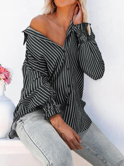 Women's Striped Button Down Shirts Long Sleeve Smocked Cuffed Oversized Boyfriend Blouses Collared Work No Pockets Tops