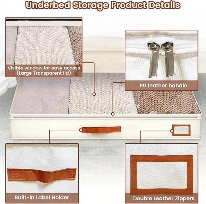 2pcs Under Bed Storage Containers, 58L Under Couch Storage Bins Organization Foldable Underbed Storage Bags for Clothing, Blankets, Towels, Comforter, Sweaters, Linen Sheets (M)