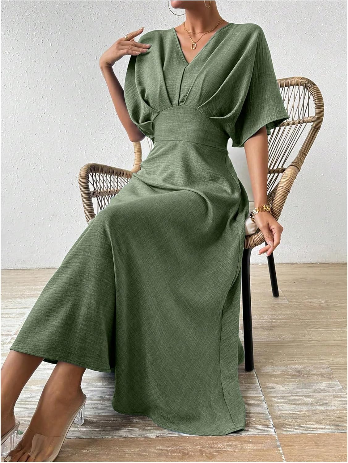 Small Not Medium Floerns Women's V Neck Half Sleeve Dress Pleated Ruffle A Line Elegant Maxi Dresses Green