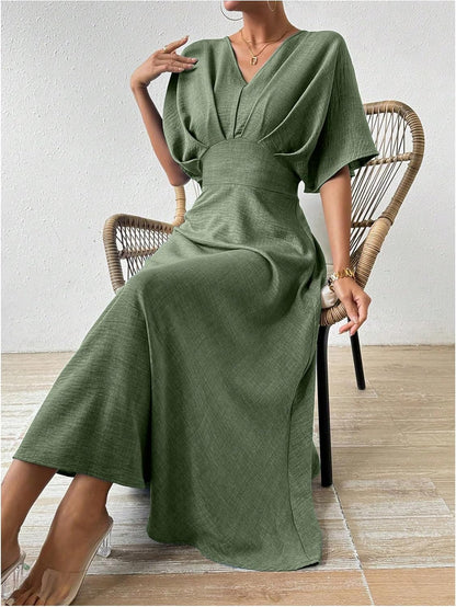 Small Not Medium Floerns Women's V Neck Half Sleeve Dress Pleated Ruffle A Line Elegant Maxi Dresses Green