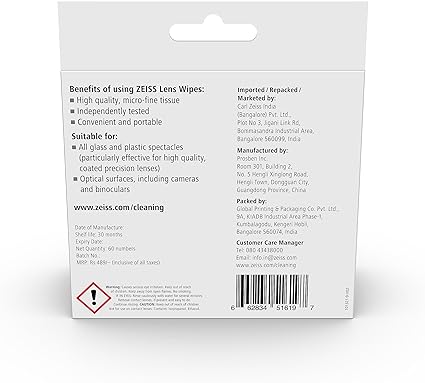 ZEISS Lens Cleaning Wipes, Pre-Moistened, Individually Wrapped Wipes for Coated Glass on Binoculars, Glasses, Sunglasses, Camera Lenses, and Scopes, 60 Count