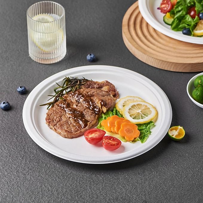 [150-Pack 10 Inch 100% Compostable Paper Plates, Heavy Duty Disposable Party Plates - Eco-Friendly, Biodegradable Sugarcane Bagasse, White Unbleached 10" Dinner Paper Plate