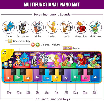 Colorful musical mat with 25 built-in sounds, 7 instruments, 15 melodies, entertaining and educational for kids.