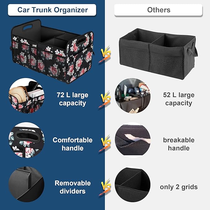 Femuar Car Trunk Organizer,Car Storage Organizer with 72L Large Capacity Waterproof Collapsible and 11 Pockets,Trunk Organizer for Car SuvJeepSedan, Large Size, Flower