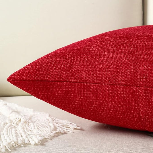 HAUSSY Red Linen Decorative Throw Pillow Covers 20x20 Inch Set of 2,Square Cushion Case with 3 Vintage Buttons,Modern Farmhouse Home Decor for Couch,Bed