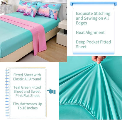 Kids Girls Comforter Set 6Pcs, Mermaid Bed in a Bag Queen Size, Fish Tail Print Teens Girls Bedding Set, Rainbow Bedding Collections