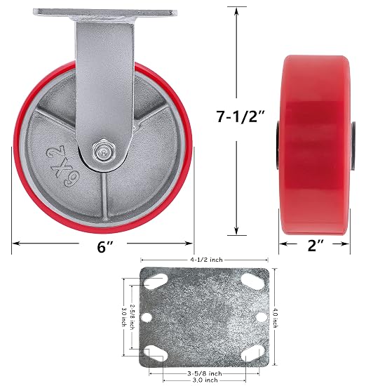 6"X 2" Heavy Duty Casters - Industrial Casters Polyurethane Caster with Strong Load-Bearing Capacity 5000 LB, Heavy Duty casters Set of 4, Widely Used in Furniture,WorkBrench,Tool Box (2BRAKE,2RIGID)