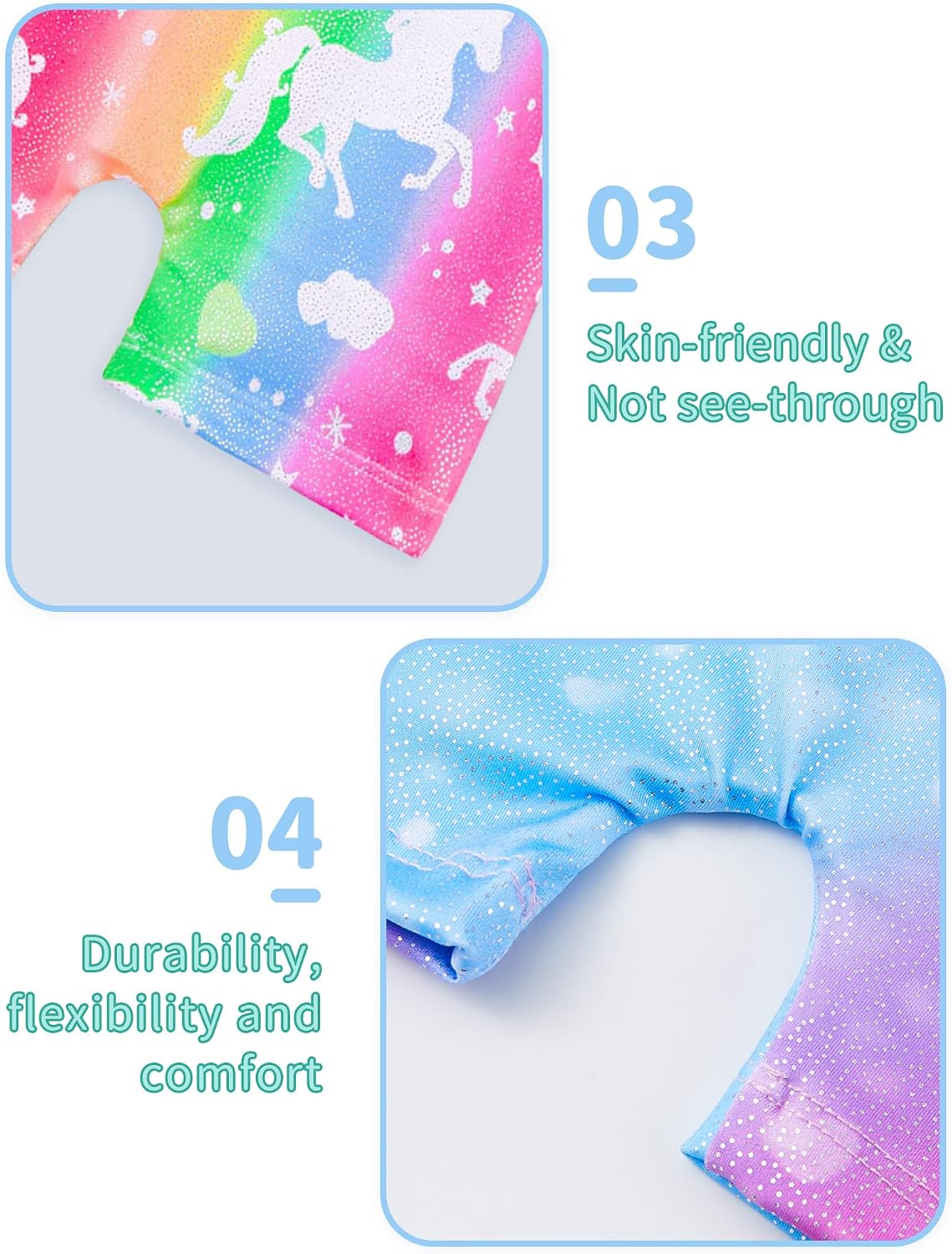 Soft, stretchy gymnastics leotards for girls in 2-pack with unicorn, rainbow, and fun designs for dance, gymnastics, or play.