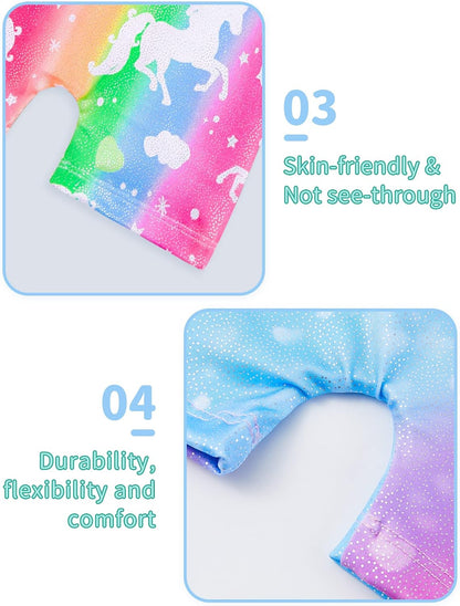 Soft, stretchy gymnastics leotards for girls in 2-pack with unicorn, rainbow, and fun designs for dance, gymnastics, or play.