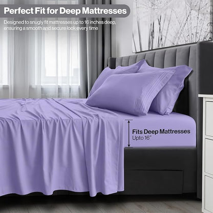 LUX Décor Queen Sheet Set - 4 Piece Ultra-Soft Microfiber Bed Sheets with Flat Sheet, 16 Inches Deep Pocket Fitted Sheet & Pillowcases, Cooling & Breathable, Hotel Luxury, Oeko-TEX - Lavender