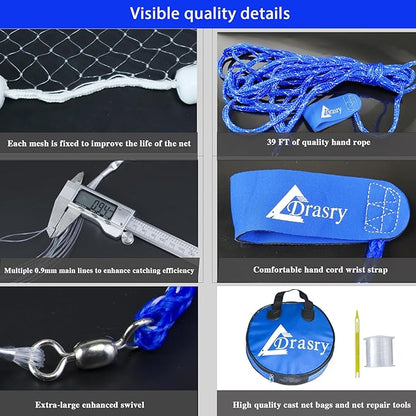 Drasry Fishing Cast Net with Aluminum Ring 38 or 12 Mesh for Saltwater Freshwater Bait Shrimp Trap Fish Throw Net Heavy Duty Sinker. Size 4FT5FT6FT7FT Radius