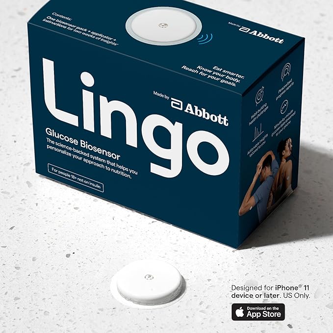 Lingo Continuous Glucose Monitor (CGM)  App. Made by Abbott. Know The Impact of What You eat. 1 Lingo biosensor Lasts up to 14 Days. Designed for iPhone 11 Device or Later. US Only.