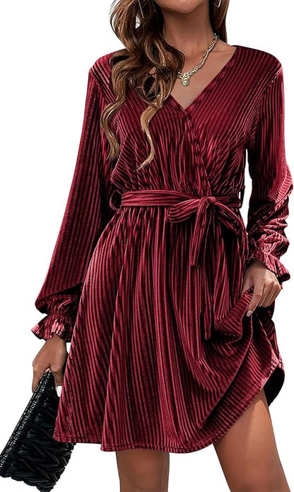 HOTOUCH Women's Velvet Dress Wrap V Neck Flared Dress Long Lantern Sleeve Dresses with Belt Cocktail Party Dress