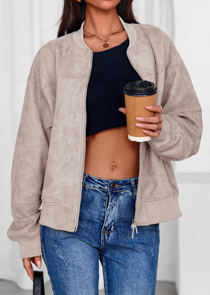 Women's Faux Suede Bomber Jackets Fall Fashion Outfits Winter Clothes Stand Collar Zip Up Coats Outwear