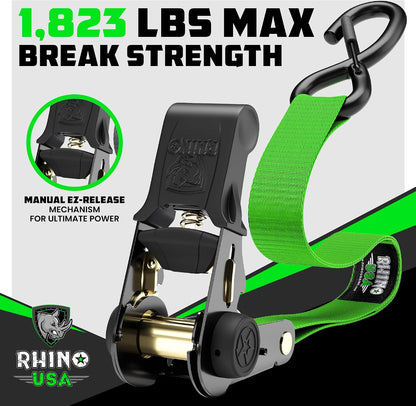 Rhino USA Ratchet Straps Tie Downs (4-Pack) - 1 Inch x 15 Feet (1,823lb Break Strength) - Ultimate Tie Down Straps with Safety S Hooks - for Trucks, Cargo, Moving, Appliances - Green