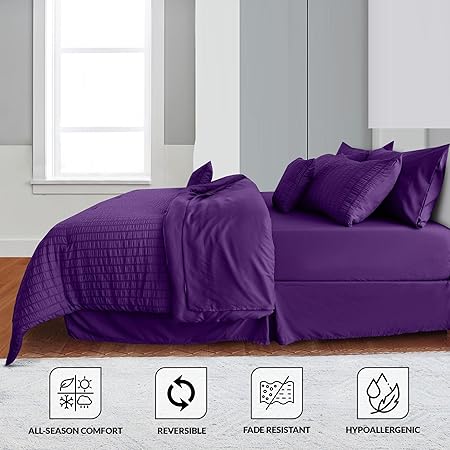 LUX Decor 10 Piece Comforter Set Queen (88X88), Seersucker Lightweight Comforter Set with Sheets, Bed in a Bag Bedding Set for All Seasons - Purple