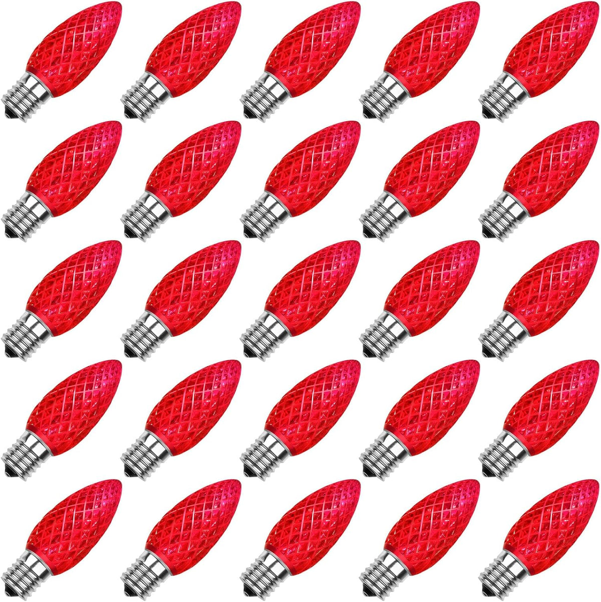 Meconard 25 Pack C9 Faceted LED Christmas Light Bulbs, E17 Base, Red Shatterproof LED Durable Replacement Bulbs for Indoor Outdoor String Lights, Commercial Grade Holiday Roofline Lights