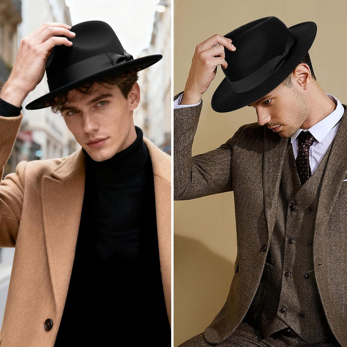 1920s Fedora Hat for Men Gatsby Wide Brim Fedora Hat Felt Panama Cap with Band for Women Men