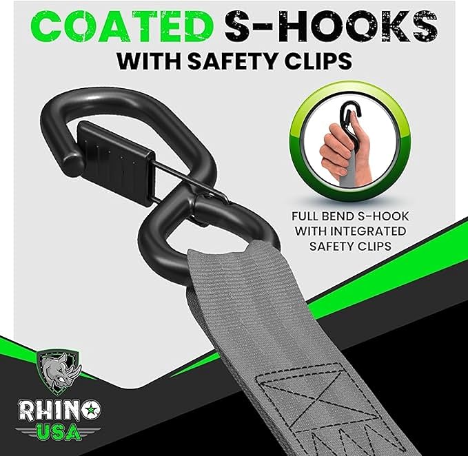 Rhino USA Retractable Ratchet Straps (2-Pack) - 1 Inch x 10 Feet (1,209lb Break Strength) - Heavy Duty Auto Self Retracting Tie Down Straps for Truck, Cargo Trailer, Motorcycle, Rad & More - Gray