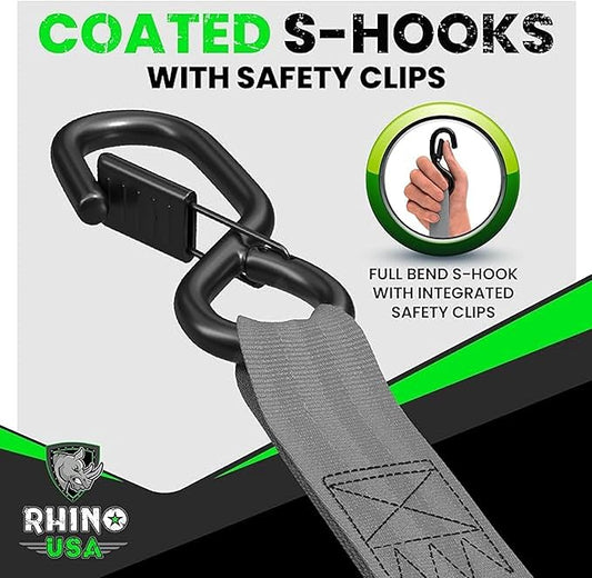 Rhino USA Retractable Ratchet Straps (2-Pack) - 1 Inch x 10 Feet (1,209lb Break Strength) - Heavy Duty Auto Self Retracting Tie Down Straps for Truck, Cargo Trailer, Motorcycle, Rad & More - Gray