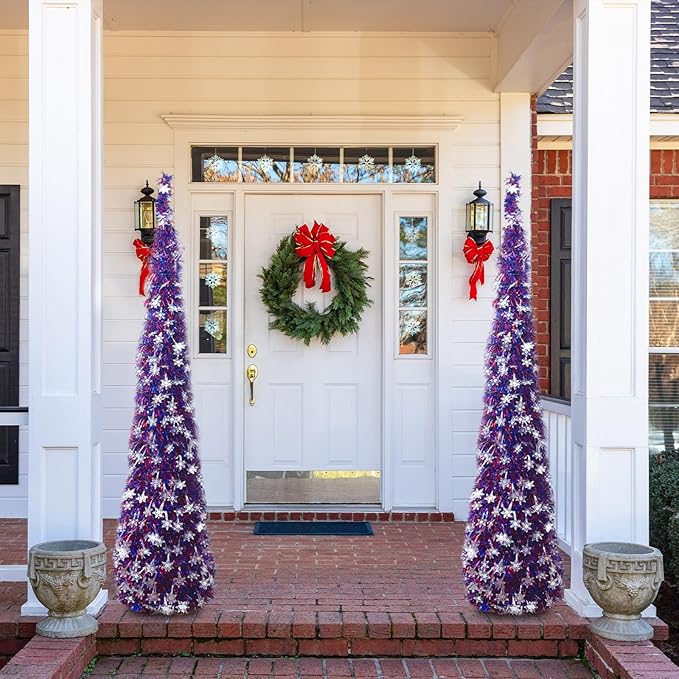 4th of July Decor Tree, Patriotic Pop up Pencil Christmas Tree,5 Ft Christmas Tinsel Tree,Sequin Star Ornaments Garland Collapsible Tree for Independence Day Memorial Home Decor