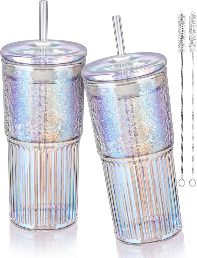 NiHome Iridescent Borosilicate Glass Tumbler Cup with Glass Lid & Straw 22oz/650ml 2-Pack, Leak-Proof Silicone Seal for Flavor Preservation, Hygienic & Dishwasher Safe, 2PCS Straw Brushes Included